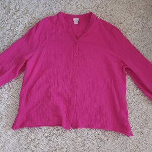 Chico’s Size 4 (20/22) Pink Crinkle Gauze 100% Cotton Button Front Blouse Top